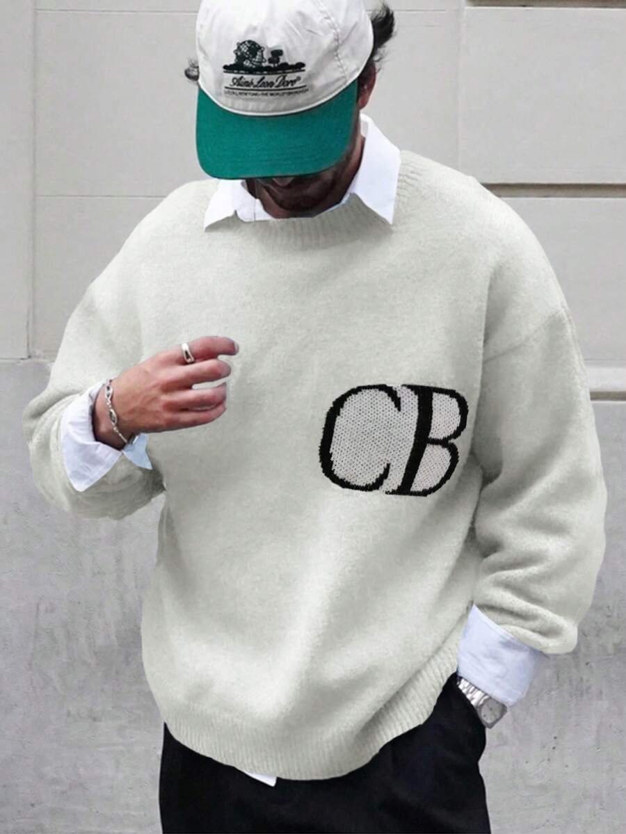 Men/Women Casual Loose Fit Lightweight Pullover Sweater With Letter Intarsia Pattern, Suitable For Spring, Autumn, Winter - White - View 1