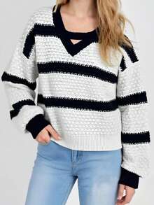 Women's Striped Loose Fit Sweater Fashionable Casual V Neck Long Lantern Sleeve Knit Patchwork Tops