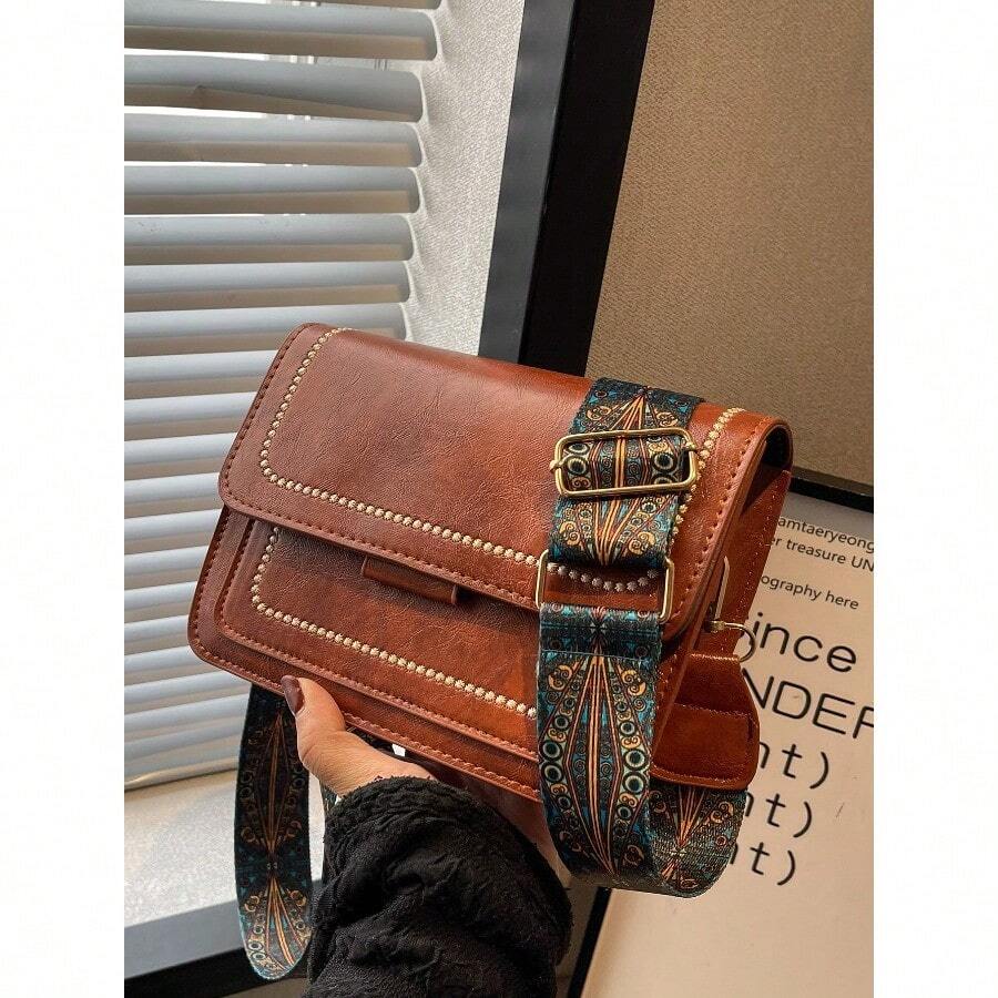 LEATVOOK Mini Embroidered Detail Square Bag Mini Vintage Crossbody Bag PU Leather Shoulder Bag Women's Classic Handbag Phone Purse, Retro Inspired Bag, Vintage Bag For Women.Best Mother's Day And Valentine's Day Gifts. - 棕色 - 查看 1