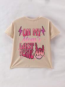 Girls' Skull & Slogan Print Round Neck T-Shirt, Soft Casual Tee For Spring/Summer - Apricot - View 6