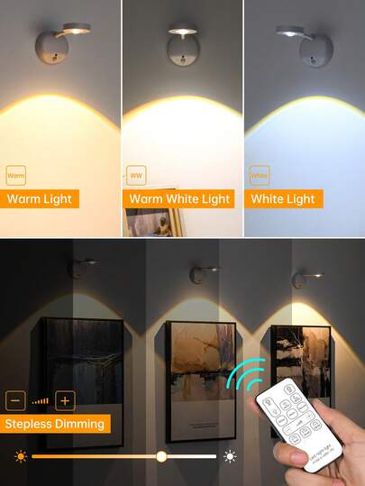 Motion Sensor Spotlight Remote Control, USB Rechargeable Acrylic Lampshade, Plastic Semi Recessed Detachable Spotlight, Battery Powered (1200mAh Lithium Battery), Infrared Sensor, Adjustable Brightness Timer, Wand Mounted Artwork Lighting view 2