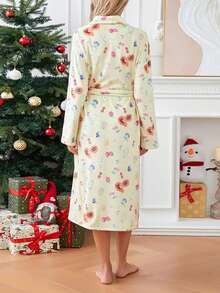 Women Dressing Gown Flannel Robe Floral Print Shawl Collar Bathrobe For Hotel Spa Party Kimono Robe With Belt - Yellow - View 5