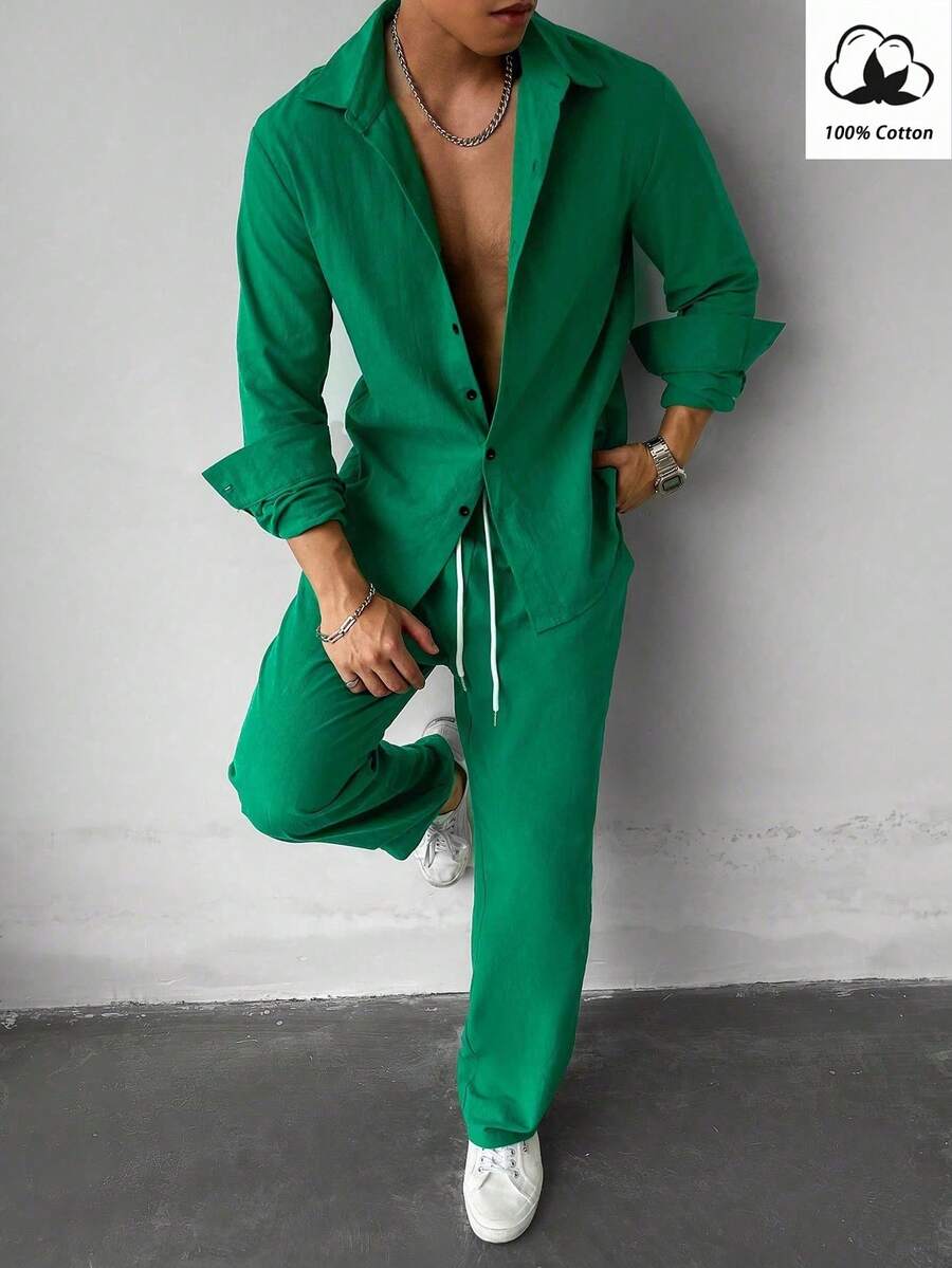 WAIT HIM Setelan 2 Potong Kemeja Lengan Panjang dan Celana Kasual Warna Polos Pria 100% Katun, Pakaian Musim Gugur