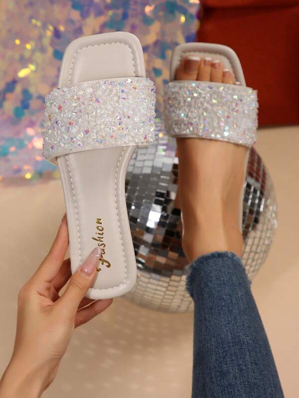 New Women Rhinestone Decorated Slip-On Slippers, Fashionable High-End Lightweight Casual Beach Sandals