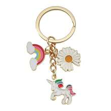 1 pieza Llavero de aleación con unicornio de arcoíris de dibujos animados con efecto de goteo de aceite, lindo colgante de arcoíris para bolsos de niñas