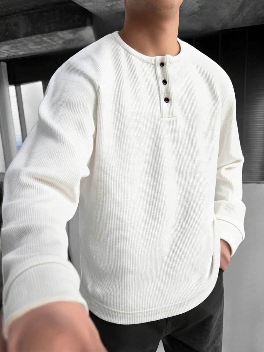 男士亨利领华夫格针织上衣，舒适休闲，亨利领设计，易于穿搭，纽扣细节，适合日常外出，复古风格 - 白色 - 查看 1