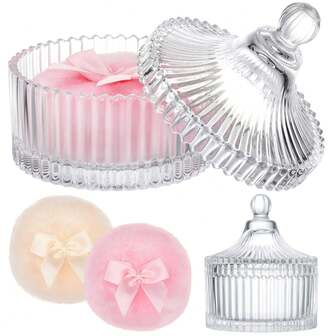 Clear Ribbed Glass Vanity Jar With Lid & Fluffy Powder Puffs, Luxury Victorian Style Container For Makeup & Trinkets, Elegant Decorative Box For Bathroom ,Elegant Ribbed Decorative Container For Loose Body Powder, Classic Vanity Jar For Bathroom Dressing Table, Ideal Makeup Storage Gift For Women,Powder Puff Jar,Cosmetics Storage Box, Bathroom Accessories, Valentine's Day Gifts