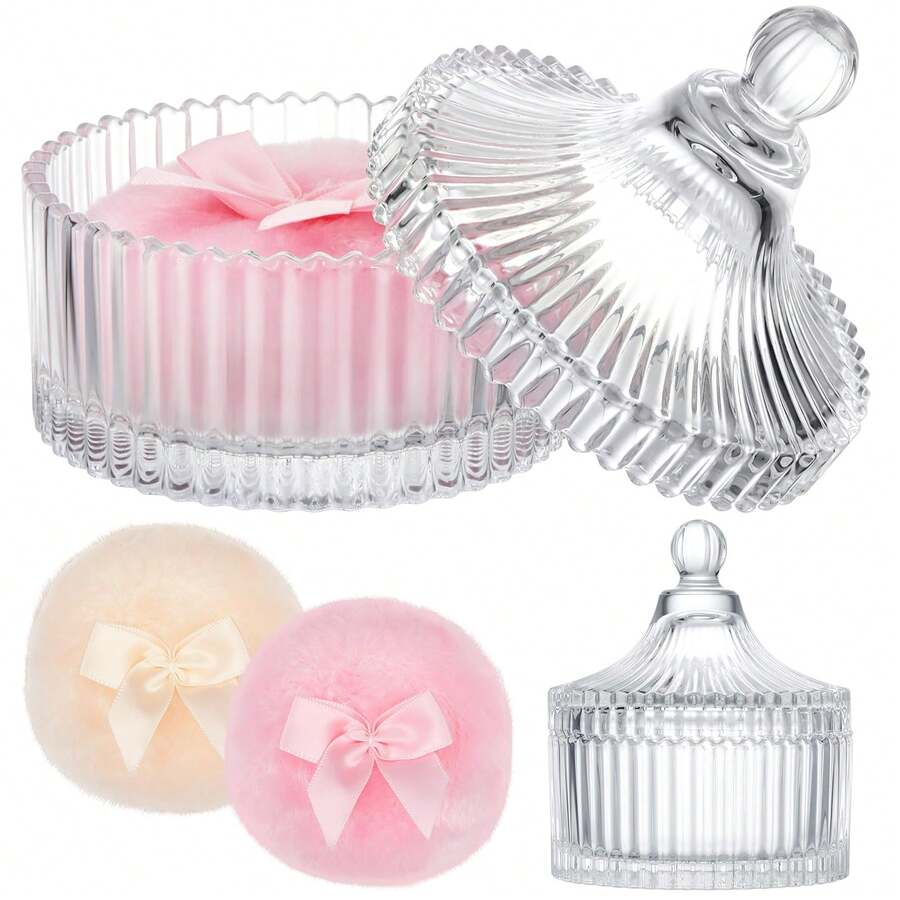 Clear Ribbed Glass Vanity Jar With Lid & Fluffy Powder Puffs, Luxury Victorian Style Container For Makeup & Trinkets, Elegant Decorative Box For Bathroom ,Elegant Ribbed Decorative Container For Loose Body Powder, Classic Vanity Jar For Bathroom Dressing Table, Ideal Makeup Storage Gift For Women,Powder Puff Jar,Cosmetics Storage Box, Bathroom Accessories, Valentine's Day Gifts