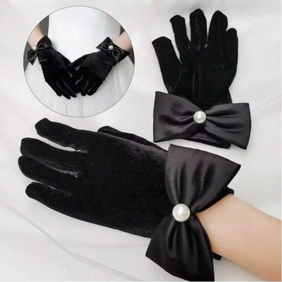 1 đôi găng tay cô dâu ngắn màu đen bằng nhung dành cho nữ, thích hợp cho đám cưới, tiệc tùng, biểu diễn, tiệc trưởng thành, găng tay trang trí nơ và ngọc trai giả kiểu cổ điển thanh lịch, găng tay trang phục ngày lễ tình nhân. - màu đen - Xem 1