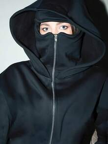 Balaklava, A Must-Have Item For Social Anxiety Sufferers. A Face-Covering Style, Loose Large-Sized And Long Double-Layered Hooded Zipper-Style Pullover Hoodie And Hooded Sweater. Suitable For Men's Autumn/Winter Clothing, Halloween Costumes, Christmas Costumes, Men's Outerwear, Fashionable Style, Men's Hooded Sweater. - 黑色 - 查看 2