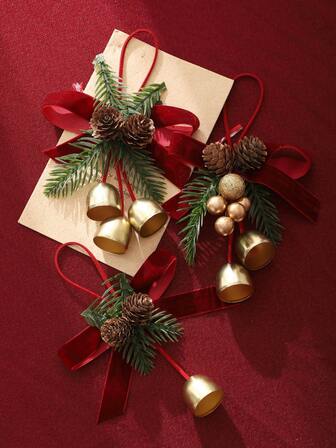 1 julkransrosett, med klockor och kottar hängande, julgransdekorationsrosett, lämplig för festdekoration av köksskåp, julgransdekoration, högtidsdekorationer, säsongsdekorationer, heminredning i semesterstil, julgransdekoration