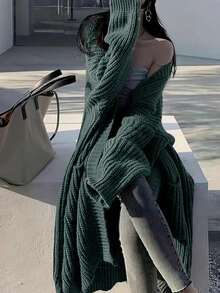 纯色前开宽松针织开衫，休闲长袖长款带口袋毛衣，女士服装 - 墨綠色 - 查看 2