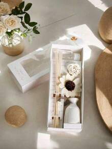 Flameless Home Fragrance Diffuser Set, (1 Bottle Fragrance Oil + 1 Ceramic Bottle + 5 Rattan Diffuser Sticks + 1 Rattan Ball + Dried Flowers) Long-Lasting Scent For Bedroom, Study, Bathroom, Living Room - Multicolor - View 2