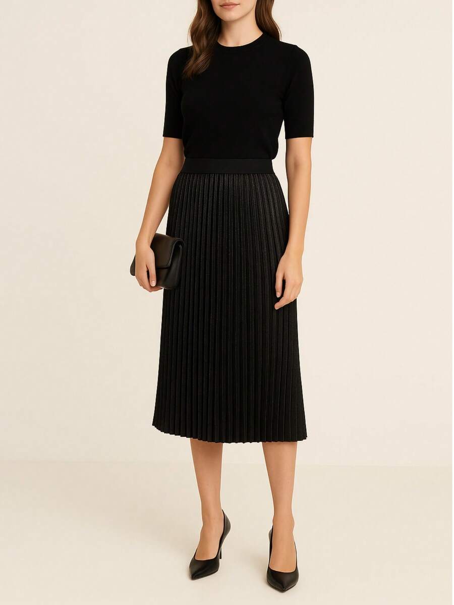 Falda larga metálica elástica de cintura alta para mujer, tableada, tutú de malla, falda de fiesta para mujer Empalme de malla de color sólido - Negro - Ver 1