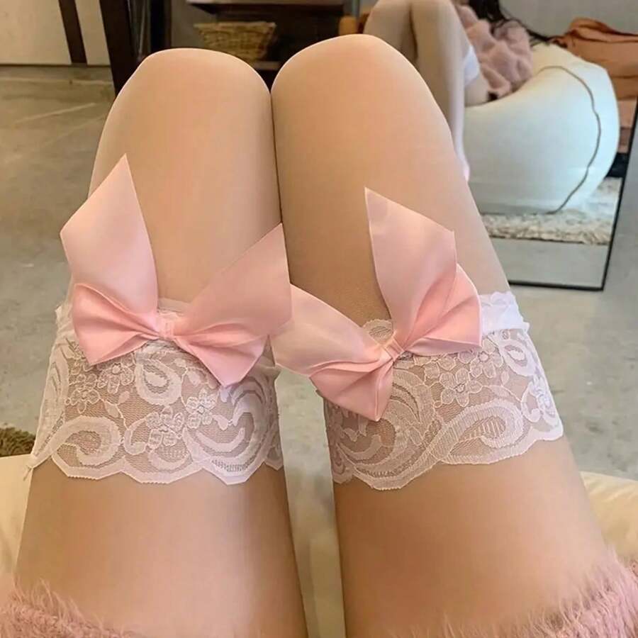 1 Pair Of Women's Elegant Bow And Lace Trim Over-The-Knee Stockings - Transparent Pantyhose, Thigh-High, Comfortable Fit, Secure Bow Strap, Hand Washable, Suitable For Formal, Semi-Formal, And Casual Outfits - Elegant Stockings, Smooth Texture, Solid Color Design, Tight Fit For All-Day Wear, Suitable For Casual Or Formal Outfits, Women's Stockings, Plus Size Over-The-Knee Stockings, Women's Exotic Style Stockings, Women's Non-Slip Shiny Stockings