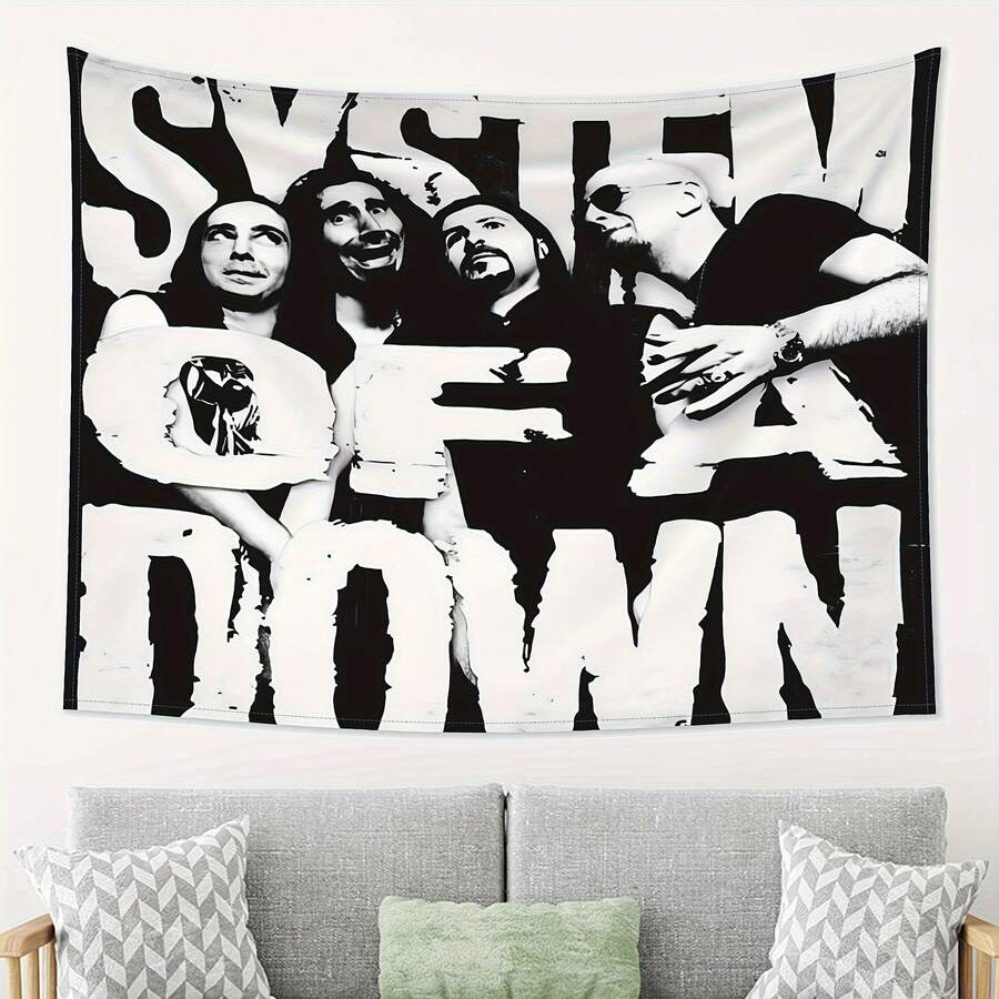 Decadent System Series Wall Hanging Tapestry - Black And White Band Decor With SYSTEM OF DOWN Text, No Electricity Needed Horizontal Poster For Bedroom, Living Room, Dorm - Modern Industrial Chic Room Decoration - 彩色 - 查看 1