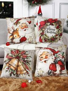 4pcs Vintage Style Christmas Decorations, Santa Claus & Reindeer Pattern Christmas Ornaments, Christmas Sofa Decor, Home Christmas Decor, Christmas Party Supplies, Bedroom Decor, Living Room Decor, Home Decor, Chair Decor, Sofa Decor, Bed Decor, Christmas Gift, 2026 New Year Decor - Vintage Santa Claus & Elk - View 3