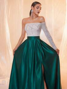 Apricot Green Patchwork Sexy Woven Off-Shoulder Single Sleeve High Slit Maxi Party Evening Dress - Green - View 2