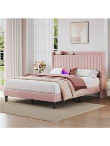 Queen Size Upholstered Velvet Bed Frame With Charging Outlets & USB Ports, Pink