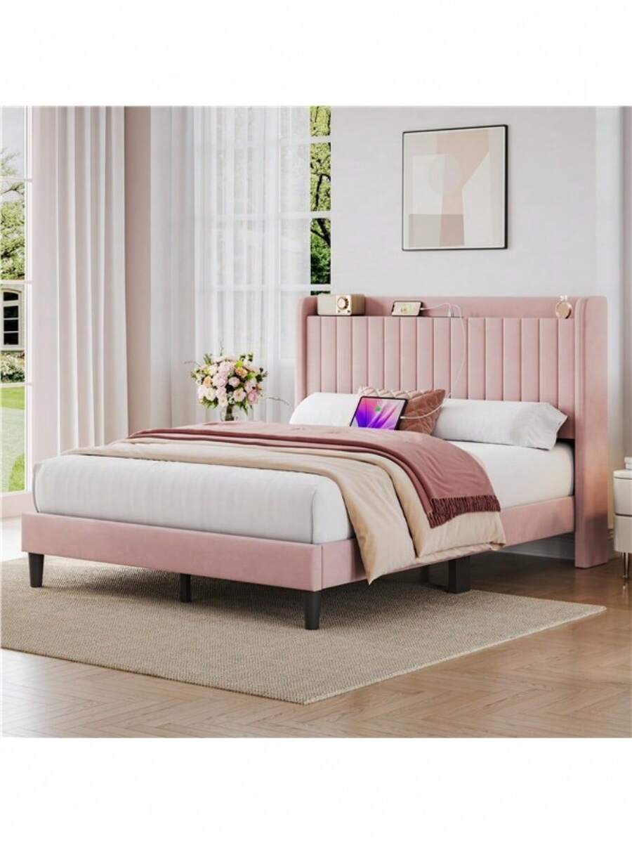 Queen Size Upholstered Velvet Bed Frame With Charging Outlets & USB Ports, Pink