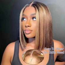 Wear And Go 200% 密度 4x4/5x5/13x4/13x6 高清透明蕾丝闭合假发，前额直发挑染波波头假发，女士款，200% 密度真人混纺无胶假发，预先拔毛，适合初学者的超直发 - S4/27 - 查看 5