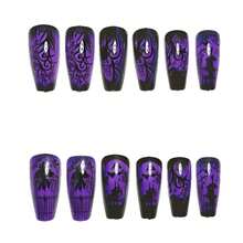 Halloween Best-Seller Ballet-Shape Press On Nails |   Dark Night Purple Glow, Elegant Castle Design, Removable 24-Piece Set