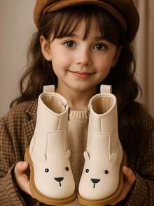 1 Pair White 3D Animal Decor Children's Boots, Boots, Cute Solid Color Stylish Girls/Boys Boots, Quality PU Upper, Comfortable Lining, Thick Sole, Suitable For 3-15 Years Old Girls Students Daily, Party, Autumn/Winter New Arrival