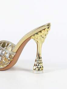 大码女式尖头菠萝形金属高跟鞋,时尚舒适,水钻装饰高跟凉鞋适合日常穿着、购物、派对、婚礼 - 金色 - 查看 8