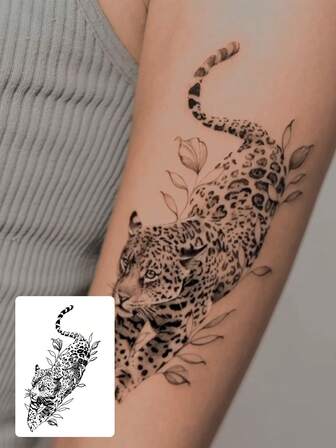 Dura de 7 a 14 días, 1 pegatina de tatuaje de hierbas, bestia, leopardo, felino, pegatina de tatuaje temporal, pegatina de tatuaje de PVC, adecuada para fashionistas