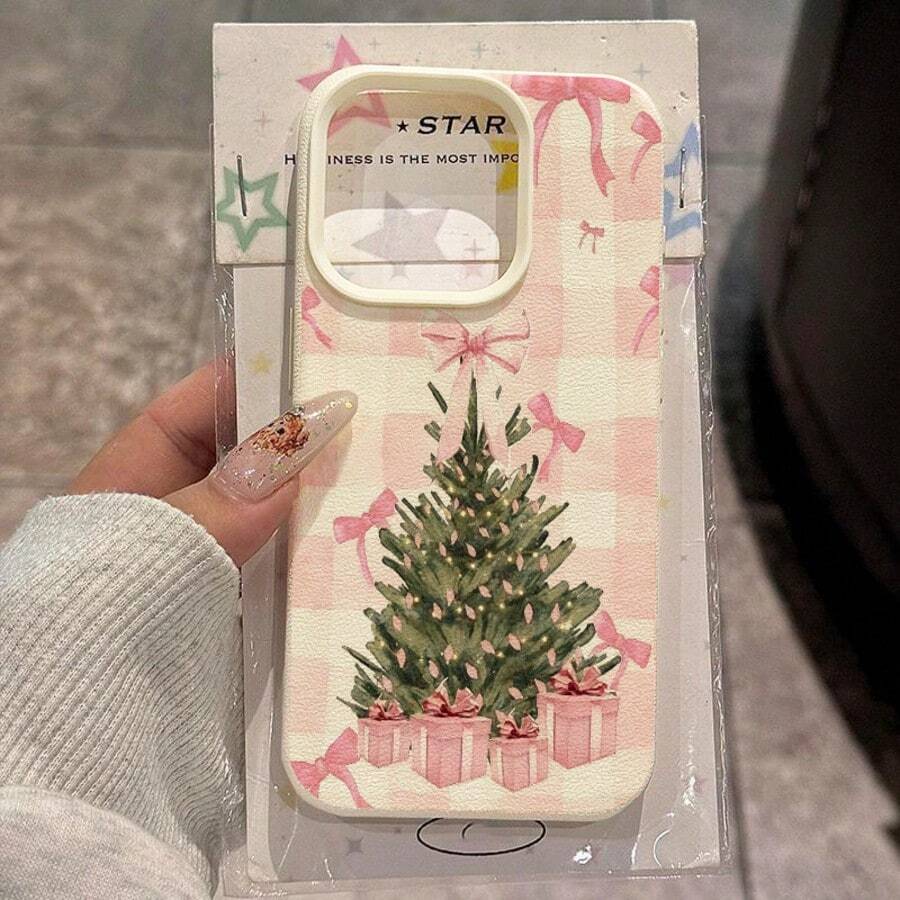 1pc TPU Material Cute Fresh Pink Plaid Christmas Tree Bow Gift Box Pattern Phone Case Compatible With IPhone/