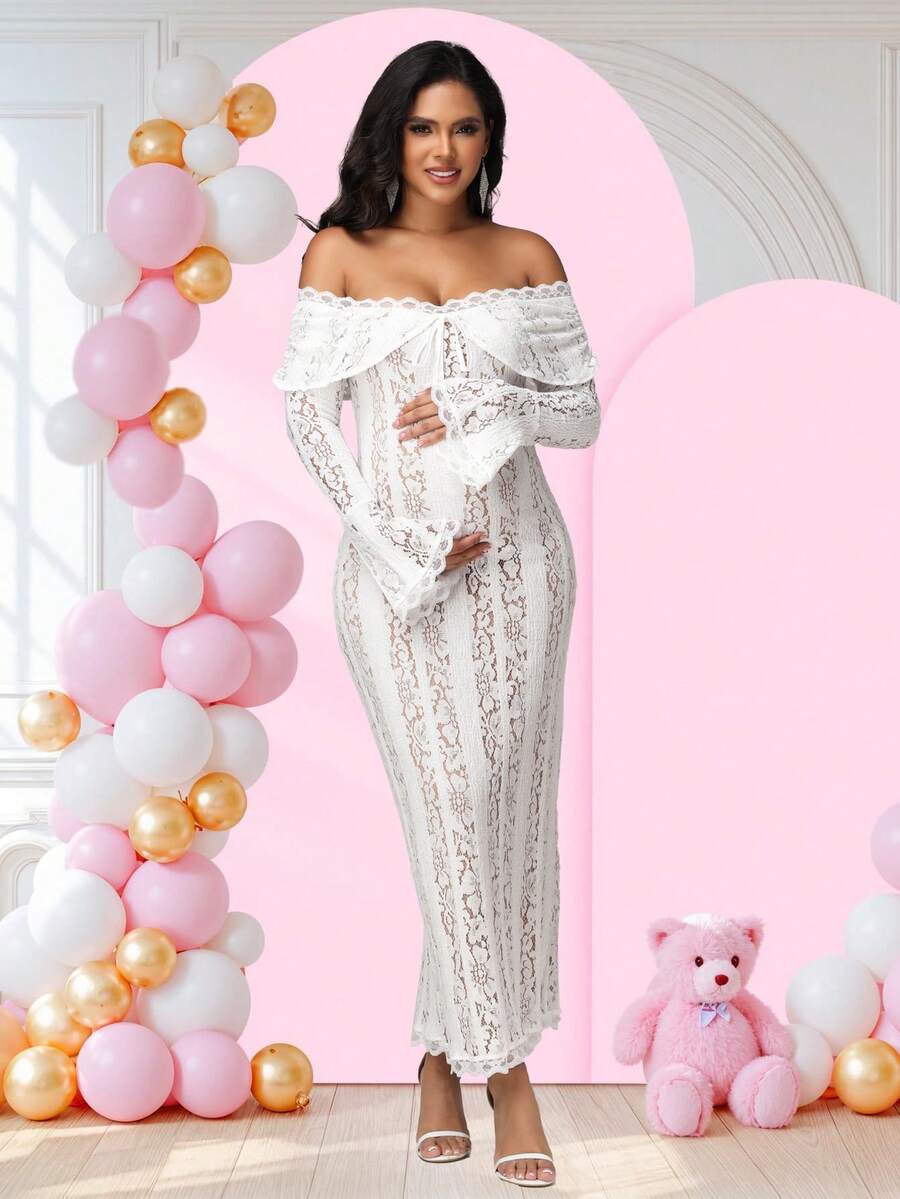 JustVH 孕妇优雅蕾丝露肩喇叭袖连衣裙孕妇紧身礼服晚礼服适合迎婴派对、拍照、派对