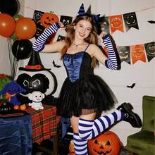 Tongcloud Women's Striped Knee High Socks, Over Knee Thigh High Socks, Arm Warmer And Fingerless Gloves SetHalloween Christmas New Year - 深藍色和白色 - 查看 5