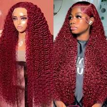 99J Burgundy 13x6 HD Lace Frontal Wig 100% Human Hair Water Curly Red Colored 13x6 Transparent Lace Lace Frontal Wigs 99J Burgundy Lace Front Wigs Black Glueless Wigs Human Hair - S99J - 查看 2