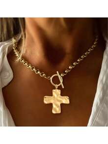 1pc Simple Fashion Golden/Silvery Hammered Bold Cross Pendant Toggle Clasps Stainless Steel Chain Necklace For Women