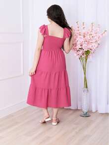 Girls' And Teen Girls' Long 3-Tier Dress With Ruffles, Plain, Evangelical Fashion For Elegant Parties, Young Ladies, Duna Fabric (Vinf434) - 玫紅色 - 查看 3