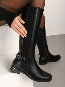 Flat Sole Over-The-Knee Boots With Applique - Black - View 2