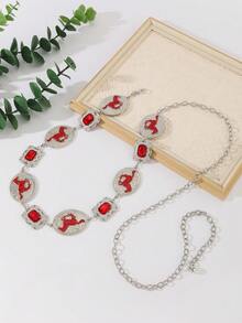 1 件波西米亚风格雕刻百搭锌合金宝石可调节腰链，适合女士、派对穿着 - 白K - 查看 2