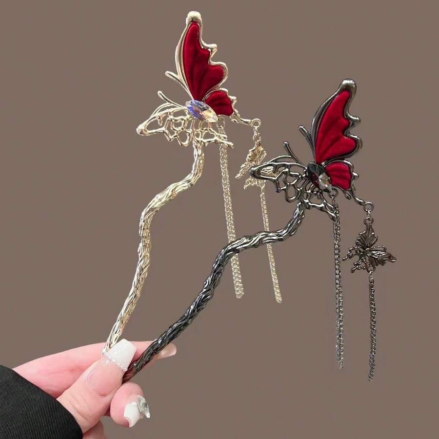 2025 New Butterfly Tassel Hair Clip, Elegant Retro Style Hair Accessory, Delicate Hair Decoration For Bun Hairstyle, Bun Extension, Pins For Hair, Head Accessories, Hair Accessories For Women - Multicolor - View 1