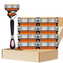 6 层 - 男士手动安全剃须刀，配有 1 个手柄和 8 个刀片，包括可更换刀片，使用时不留痕迹，剃须干净无残留，适合家庭和旅行使用 - 彩色 - 查看 8