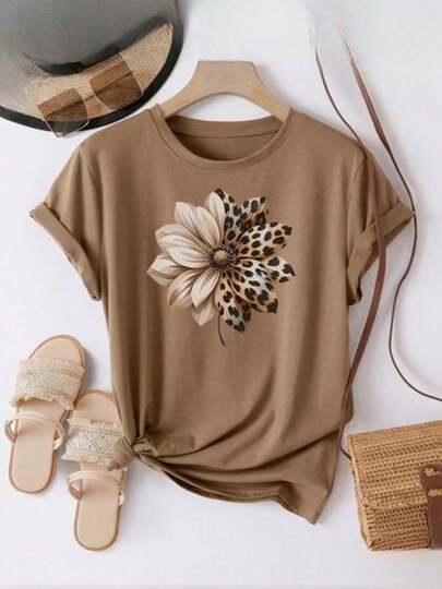 Camiseta Feminina Flor Onça Blusa 100 % Algodão Tecido Premium Manga Curta Camisa Gola Redonda