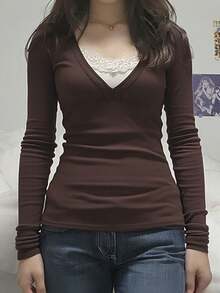 Fairy Grunge Y2K Shirts For Women Long Sleeve Lace Patchwork Tees Tops Teen Girls Aesthetic Vintage Slim Blouse Fall Clothes - Màu nâu Sô-cô-la - Xem 5