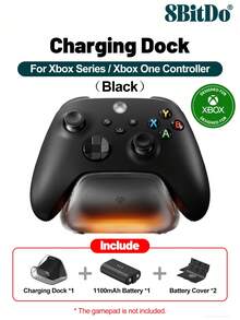 8BitDo 充电底座，兼容游戏手柄，微软官方授权游戏手柄充电站，兼容 Series X/S 手柄，兼容 One 手柄，内置 1100mAh 镍氢充电电池，充电时间 3 小时，带 LED 指示灯，自动关机，黑白配色