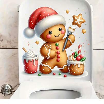 1pc/2pcs Christmas Gingerbread Toilet Stickers, Holiday Bathroom Wall Decoration, Self-Adhesive PVC, Square Semi Smooth Surface, Reusable Holiday Decoration, Easy To Disassemble, Christmas Atmosphere Decoration