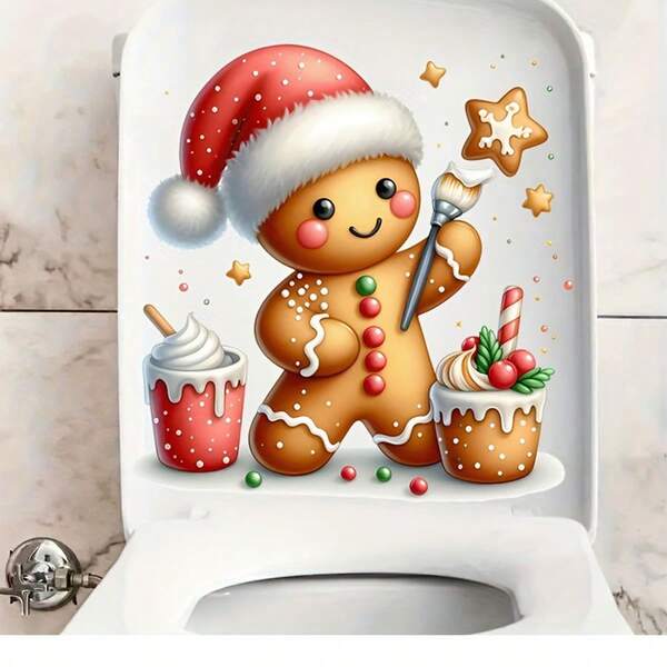1pc/2pcs Christmas Gingerbread Toilet Stickers, Holiday Bathroom Wall Decoration, Self-Adhesive PVC, Square Semi Smooth Surface, Reusable Holiday Decoration, Easy To Disassemble, Christmas Atmosphere Decoration