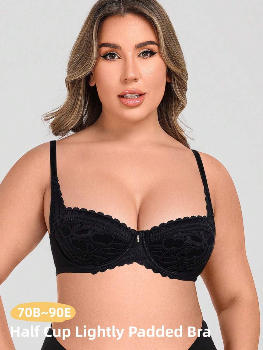 Wingslove Plus Size Women'sSexy Push Up Elegant Low Cut Lace Bra - Lightly Padded Bralette With Pearl Accents & Adjustable Straps, Lift