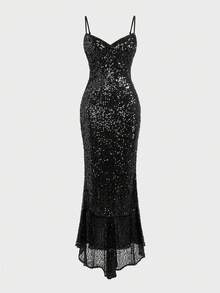 魅力优雅性感浪漫迷人黑色亮片吊带V领长裙，适合派对、正式场合、约会、度假、春秋季女装 - 黑色 - 查看 3