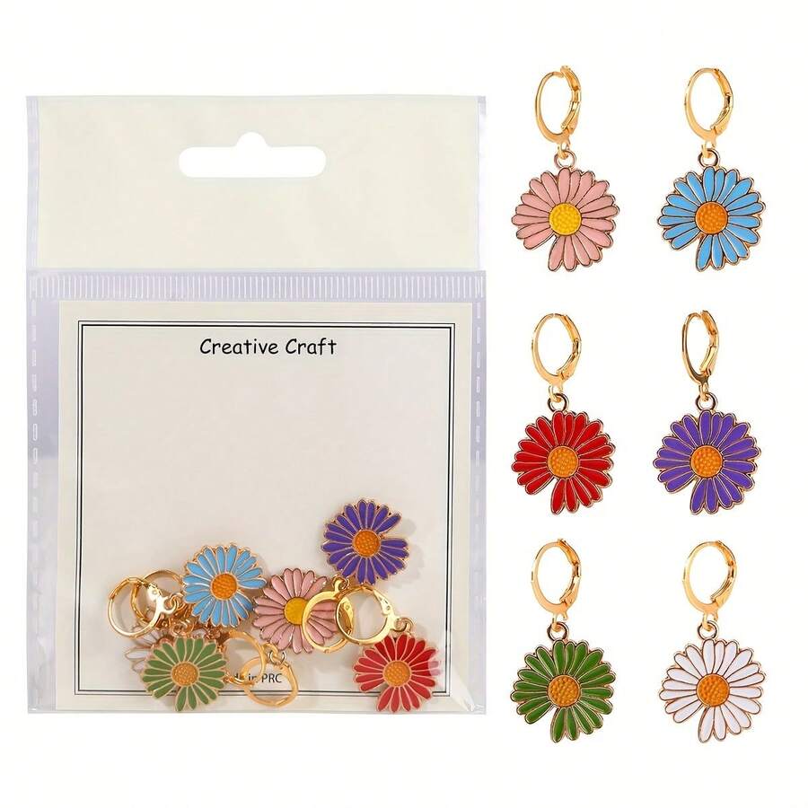 6 piezas Marcadores de puntada trenzados de margarita de aleación - Marcadores de puntada con cierre de esmalte floral vibrante, accesorios de proyecto trenzados duraderos (6 colores), marcadores de garabatos coloridos - Multicolor - Ver 1