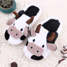 Cute Girl Style Half-Covered Heel Cow Print Slippers For Women, Winter Student Dorm Fashion Warm Home Shoes (Different Batches, Different Sole Patterns) - Black and White - View 4