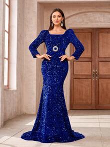Damen Königsblau Pailletten Abendkleid mit quadratischem Ausschnitt, Langarm und Meerjungfrau-Saum mit Gürtel für glamouröse Abendveranstaltungen - Königsblau - Übersicht 3