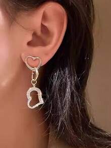 1 Paar kreative, komplett mit Strass besetzte, Cut Out herzförmige Ohrringe, modische hochwertige tropfenförmige lange Ohrringe